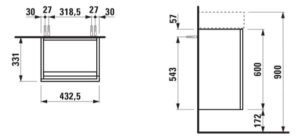 Kartell by Laufen Waschtischunterbau 43,5cm, mit 1 Tür, Scharnier links, techn. Zeichnung