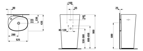 Laufen Palomba Waschtisch freistehend, mit 1 HL, 52,5x43,5cm, weiß, H8118040001041, techn. Zeichnung