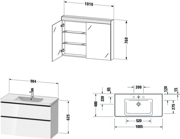 Duravit D-Neo Möbel-Set 100,5cm mit Waschtisch, Waschtischunterschrank und Spiegelschrank