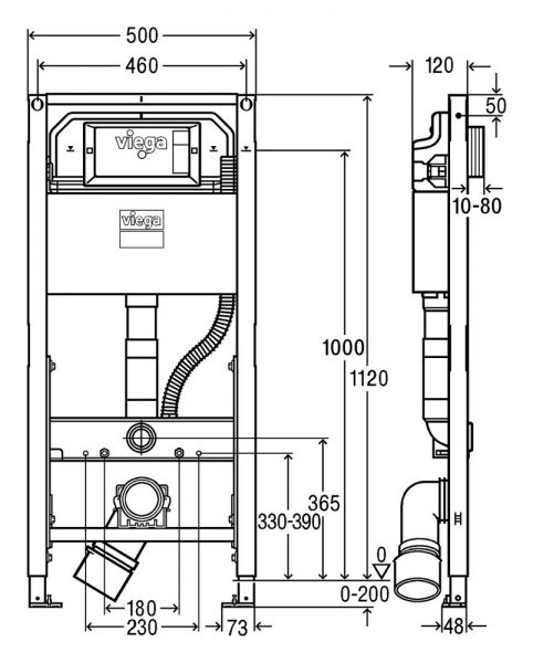 Viega Prevista Dry-WC-​Element mit Dusch-​WC-​Anschluss, Keramikhöhe verstellbar, BH 112cm