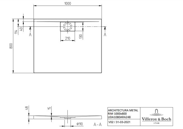 Villeroy&Boch Architectura MetalRim Duschwanne, 100x80cm UDA1080ARA248V-1S