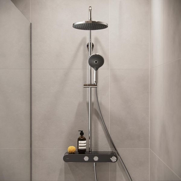 Duravit ShowerSystem Duschsystem mit höhenverstellbarer Regendusche, Thermostat, Ablage, chrom/schw