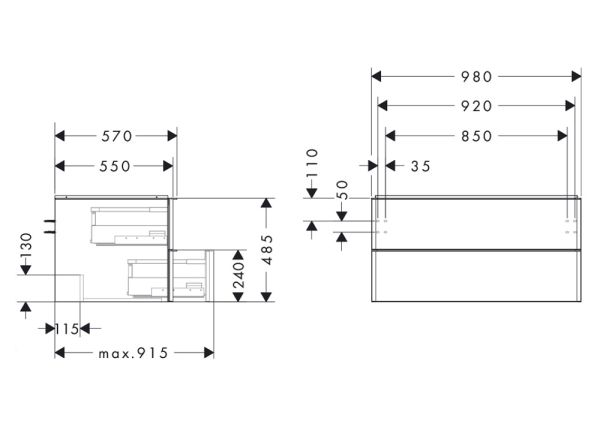 Hansgrohe Xelu Q Waschtischunterschrank 98x55cm für Aufsatzwaschtisch, 2 Schubkästen