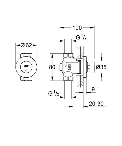 Grohe Euroeco CT Selbstschluss-Durchgangsventil, Wandeinbau, chrom