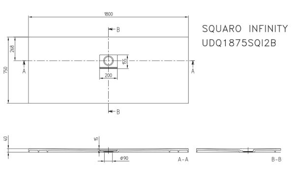 Villeroy&Boch Squaro Infinity Quaryl®-Duschwanne, lange Seite geschnitten an der Wand, 180x75cm, technische Zeichnung