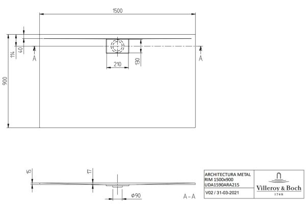 Villeroy&Boch Architectura MetalRim Duschwanne inkl. Antirutsch (VILBOGRIP),150x90cm, weiß