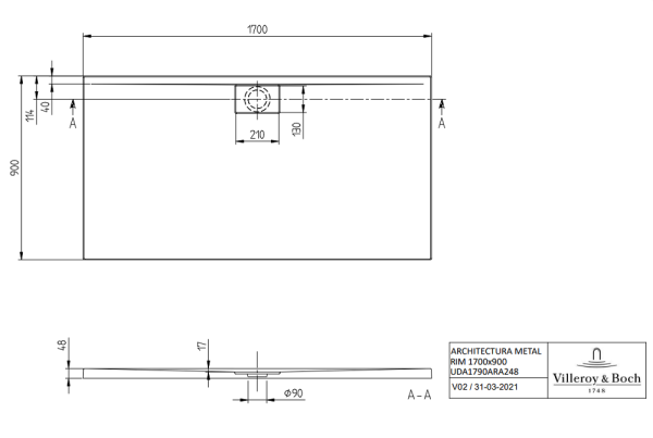Villeroy&Boch Architectura MetalRim Duschwanne, 170x90cm, weiß, UDA1790ARA248V-01 techn. Zeichnung
