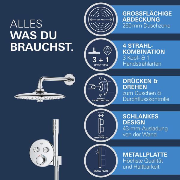 Grohe Precision SmartControl Duschsystem, rund, Thermostat, 2jet Kopfbrause, Stabhandbrause, chrom 34878000