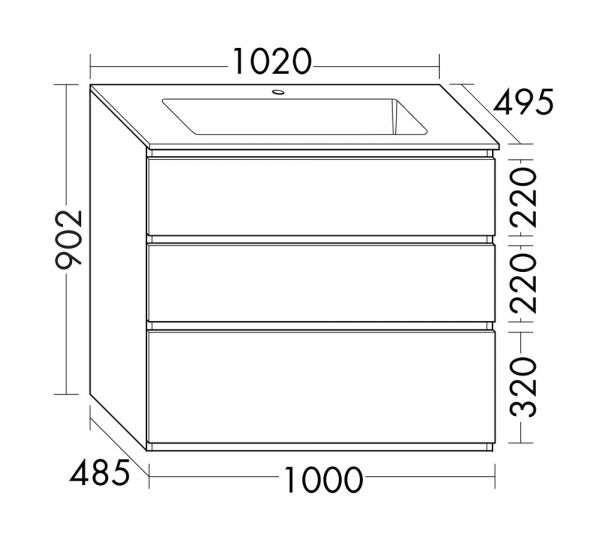 Burgbad Lin20 Mineralguss-Waschtisch mit Waschtischunterschrank, 3 Auszüge, bodenstehend, 102x49,5cm SGHU102