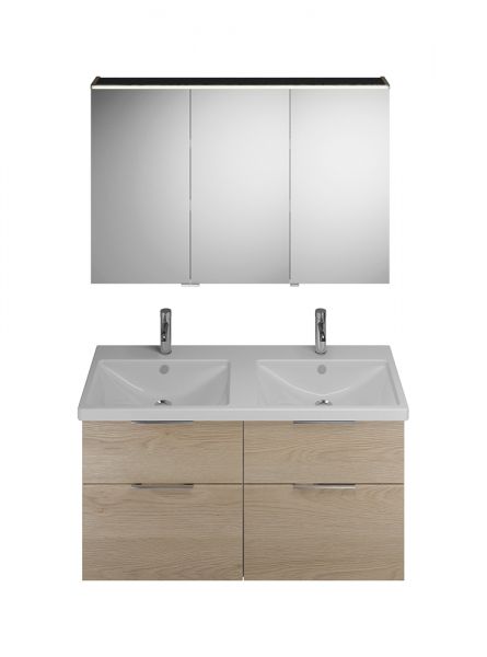 Burgbad Eqio Badmöbel-Set 123cm, Spiegelschrank, Doppelwaschtisch, Unterschrank 4 Schubladen