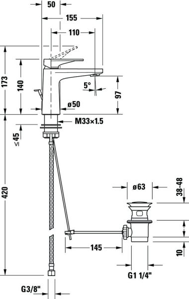 Duravit Tulum by Starck Einhebel-Waschtischmischer mit Zugstangen-Ablaufgarnitur, chrom, TU1010001010 techn. Zeichnung