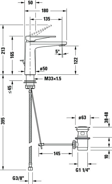 Duravit Tulum Einhebel-Waschtischmischer mit Zugstangen-Ablaufgarnitur, chrom, TU1020001010, tech. Zeichnung