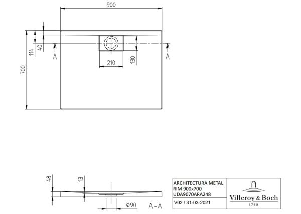 Villeroy&Boch Architectura MetalRim Duschwanne, 90x70cm UDA9070ARA248V-01