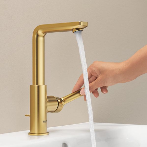 Grohe Lineare Badarmatur L-Size mit Zugstangen-Ablaufgarnitur, cool sunrise gebürstet