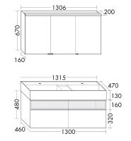 Vorschau: Burgbad Yumo Badmöbel-Set 131,5cm, Spiegelschrank, Mineralguss-Doppelwaschtisch und WT-Unterschrank