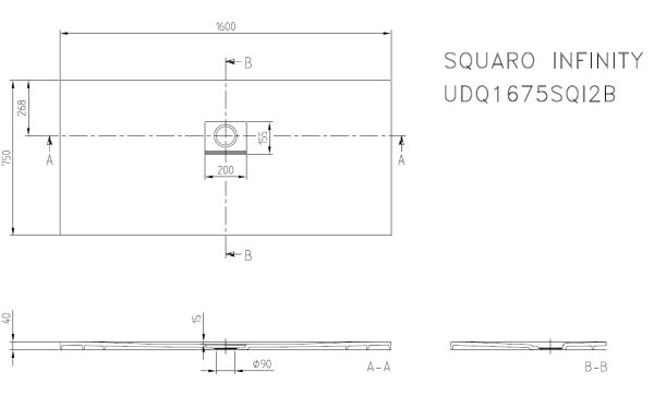 Villeroy&Boch Squaro Infinity Quaryl®-Duschwanne, lange Seite geschnitten an der Wand, 160x75cm, technische Zeichnung