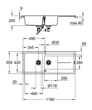 Grohe K400 80-C Kompositspüle mit Abtropffläche und Doppelbecken 116x50cm, granit schwarz