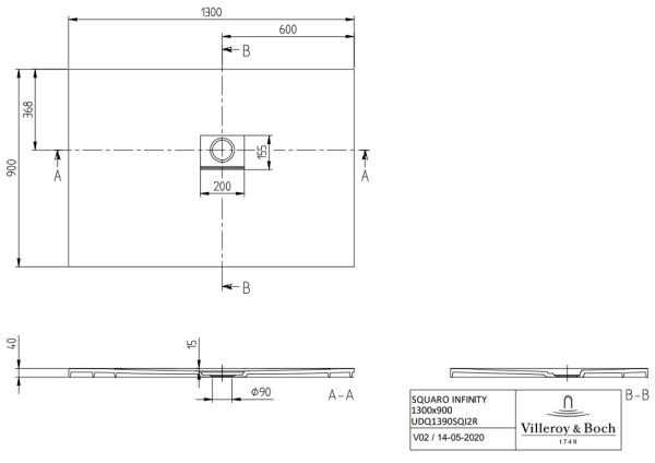 Villeroy&Boch Squaro Infinity Quaryl®-Duschwanne, Eckeinbau rechts gegen Wand, 130x90cm, technische Zeichnung