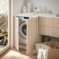 Burgbad Sys30 Badmöbel-Set 131cm mit Waschmaschinenschrank und Spiegelschrank eiche dekor baumwolle, grifflos SFHP132 