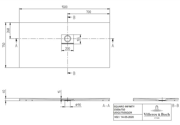 Villeroy&Boch Squaro Infinity Quaryl®-Duschwanne, Eckeinbau rechts gegen Wand, 150x75cm, techn. Zeichnung