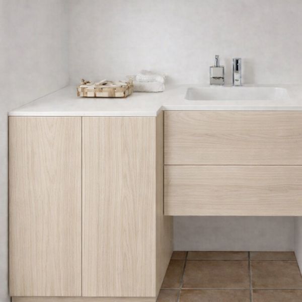 Burgbad Sys30 Badmöbel-Set 131cm mit Waschmaschinenschrank eiche dekor baumwolle, grifflos 