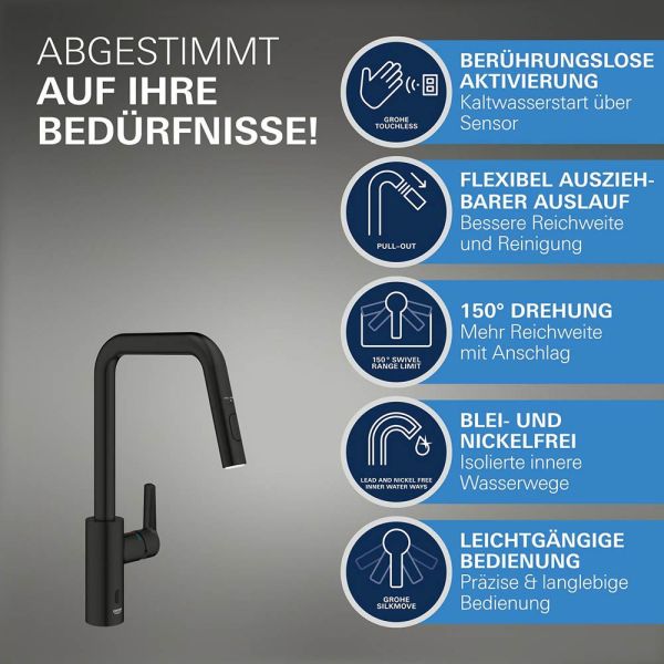 Grohe Start 2-in-1-Hybrid Küchenarmatur mit Spülbrause, schwarz matt