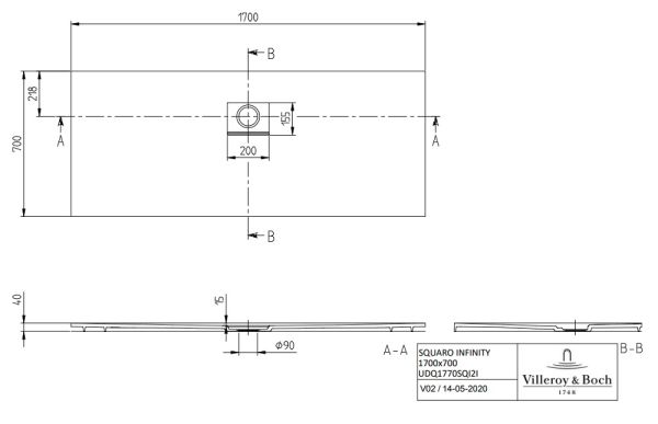 Villeroy&Boch Squaro Infinity Quaryl®-Duschwanne, flächenbündiger Einbau, 170x70cm, grey, techn. Zeichnung