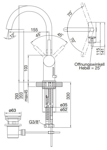 Steinberg Serie 100 Waschtisch-Einhebelmischer mit Ablaufgarnitur, Ausladung 155mm