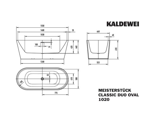 Kaldewei Meisterstück Classic Duo Oval Badewanne 155x66cm Mod.1020-4032, weiß