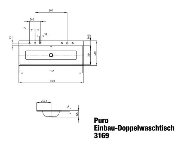 Kaldewei Puro Einbau-Doppelwaschtisch mit Überlauf, 120x46x14cm, Perl-Effekt Mod.3169-D