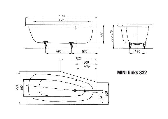 Kaldewei Mini links Raumspar-Badewanne 157x75/50cm Mod. 832