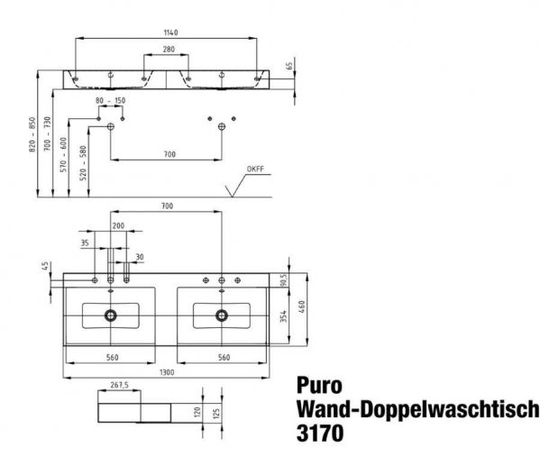 Kaldewei Puro MOD.3170 Wand-Doppelwaschtisch 130x46cm, weiß mit Perl-Effekt, mit Ablaufgarnituren
