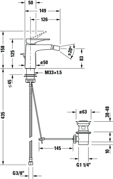 Duravit Tulum Einhebel-Bidetmischer mit Zugstangen-Ablaufgarnitur, chrom, TU2400001010, techn. Zeichnung