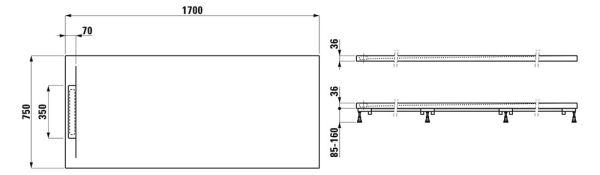 Laufen Pro S Marbond Duschwanne 170x75x3,6cm ultraflach, rechteckig, linearer Ablauf seitlich