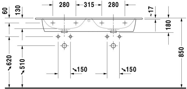 Duravit ME by Starck Doppelwaschtisch 130x49cm mit Überlauf, ohne Hahnloch, WonderGliss, weiß 23361300601