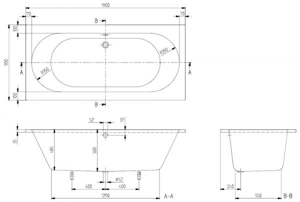 Villeroy&Boch O.Novo Rechteck-Badewanne 190x90cm