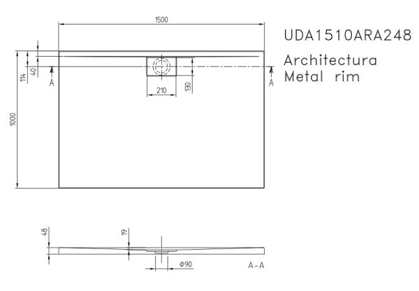 Villeroy&Boch Architectura MetalRim Duschwanne inkl. Antirutsch (VILBOGRIP),150x100cm, weiß technische Zeichnung