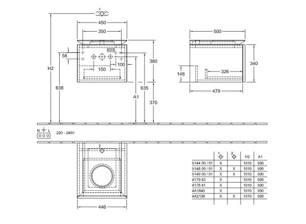 Villeroy&Boch Legato Waschtischunterschrank 45x50cm für Aufsatzwaschtisch, 1 Auszug B56500DH