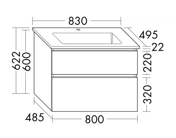 Burgbad Lin20 Keramik-Waschtisch 83x49,5cm mit Waschtischunterschrank, 2 Auszüge, wandhängend