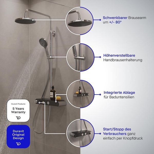 Duravit ShowerSystem Duschsystem mit höhenverstellbarer Regendusche, Thermostat, Ablage, chrom/schw