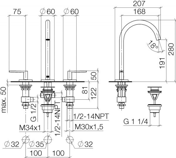 Dornbracht META Waschtisch-Dreilochbatterie mit Ablaufgarnitur platin matt 20713361-06 2