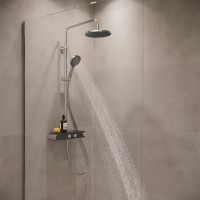 Vorschau: Duravit ShowerSystem Duschsystem mit höhenverstellbarer Regendusche, Thermostat, Ablage, chrom/schw