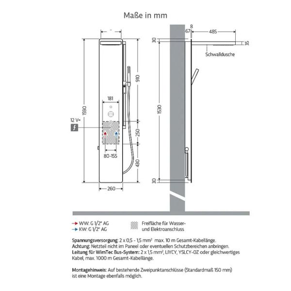 WimTec OCEAN P10 - HyPlus PRO 12 V Elektronisches Duschpaneel, Glas schwarz