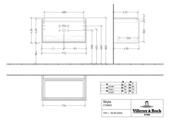 Villeroy&Boch Skyla Waschtischunterschrank 80cm, 1 Auszug, C78600