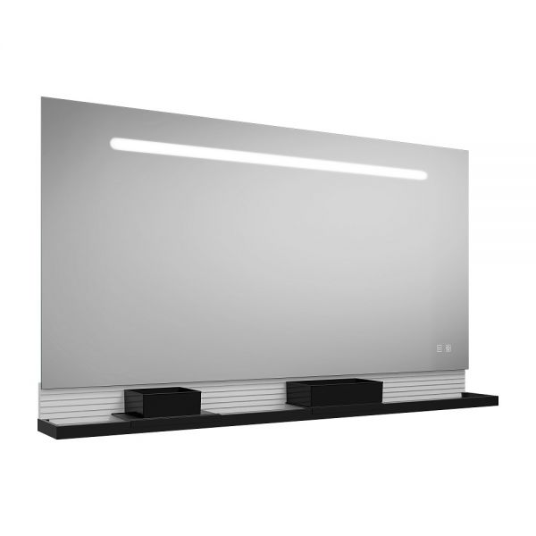 Burgbad Fiumo Leuchtspiegel 140cm mit LED-Beleuchtung, Wandablage, Reling in schwarz, Pliséefront