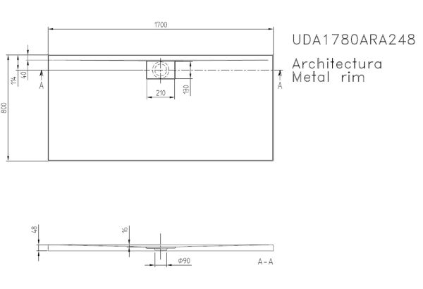 Villeroy&Boch Architectura MetalRim Duschwanne inkl. Antirutsch (VILBOGRIP),170x80cm, weiß, techn. Zeichnung
