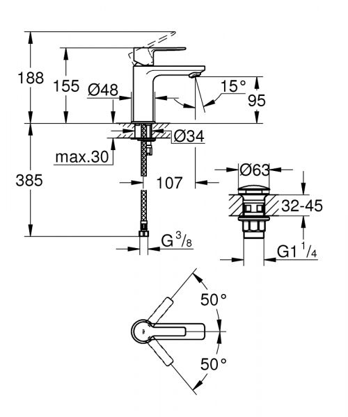 Grohe Lineare Waschtischbatterie XS-Size mit Push-open Ablaufgarnitur, wassersparend, supersteel