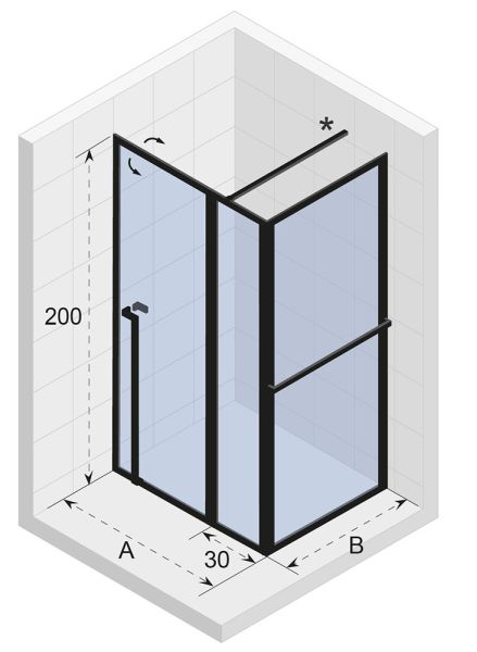 RIHO Lucid 203 Fixteil mit Pendeltür und Seitenwand 110x80cm, Eckeinstieg, schwarz