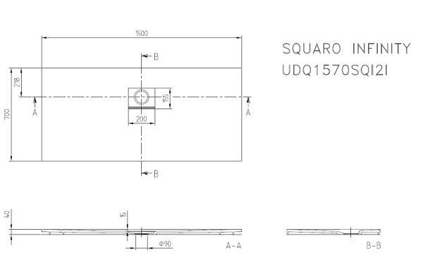 Villeroy&Boch Squaro Infinity Quaryl®-Duschwanne, flächenbündiger Einbau, 150x70cm, techn. Zeichnung