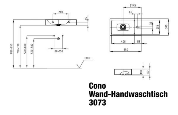 Kaldewei Cono Handwaschtisch 55x30cm, mit Perl-Effekt, Mod. 3073